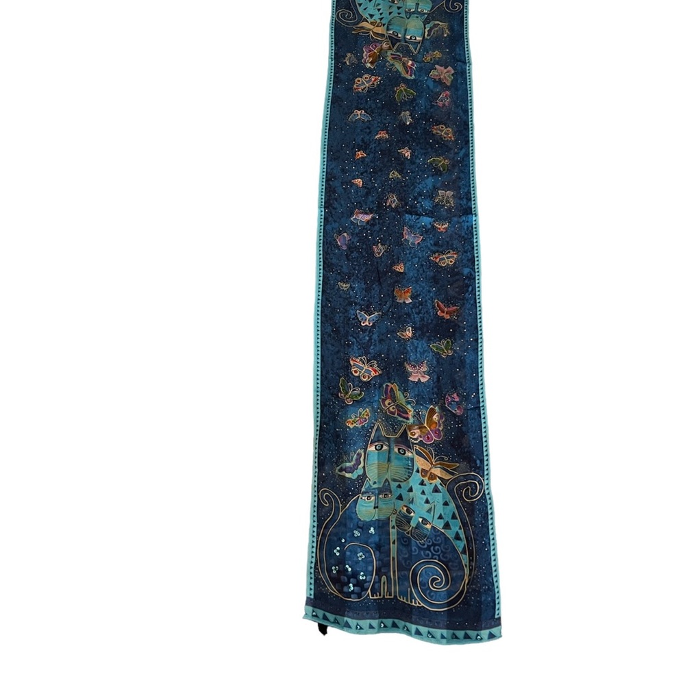 *Sold* Laurel Burch Indigo Cats and Butterflies 100% Silk Oblong Scarf 53 X 11! - Picture 4 of 12